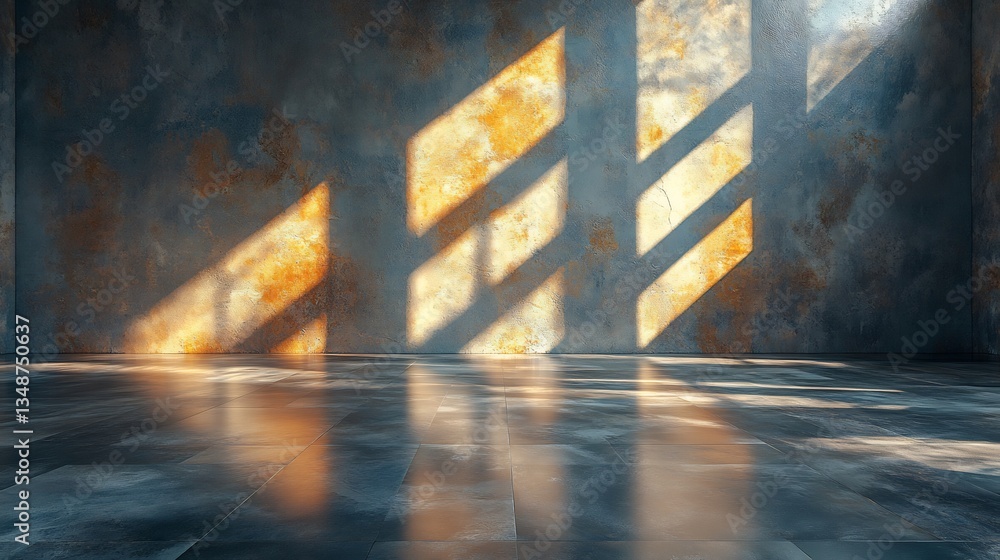 Obraz premium Warm sunlight streams through window creating dramatic shadows on textured wall. AI Generated