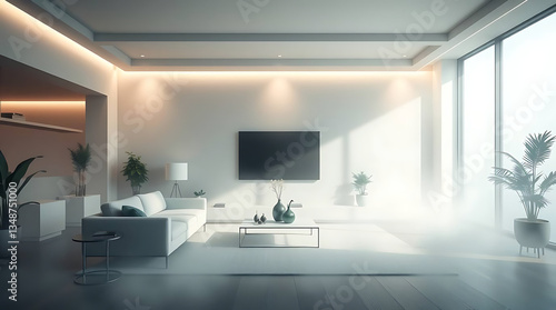 Wallpaper Mural minimalist living room interior mockup, modern furniture and greenly decorative, white sofa and armchair, created by generative ai Torontodigital.ca