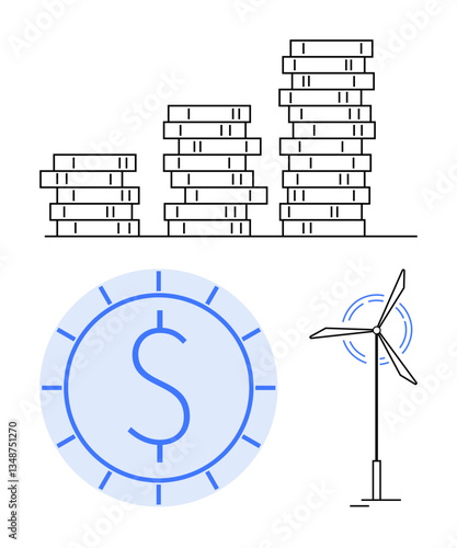 Stacked coins representing financial growth beside a wind turbine and dollar coin. Ideal for finance, renewable energy, economy, savings, sustainability, progress, innovation, flat simple metaphor
