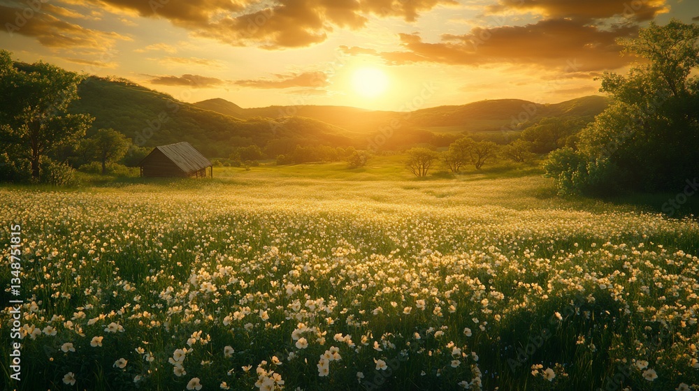 Obraz premium Golden hour meadow bathed in sunlight, wildflowers bloom near a wooden cabin in hills