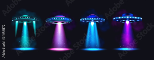 UFO abduction. Green blue alien spaceship with bright cosmic light beam. 3D fantasy saucer, science fiction object in glowing galaxy background. Rocket, sci-fi technology. Vector spaces isolated set