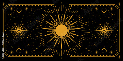 Magic frame. Mystic background with star, fantasy moon. Astrological celestial witchcraft. Esoteric border bohemian ornament. Vintage line gold symbols. Vector elegant horizontal background design