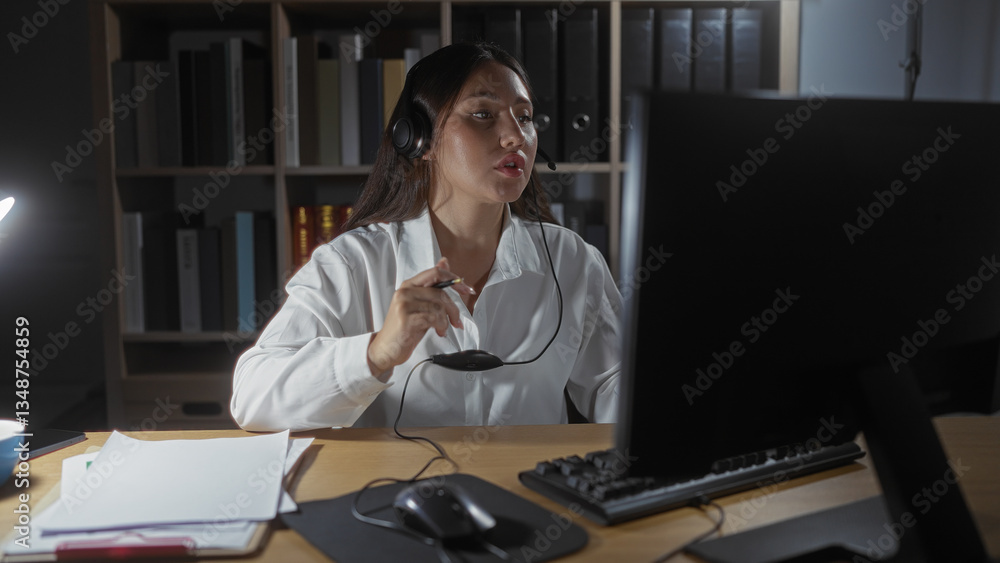 Fototapeta premium Young woman wearing headset working at her desk in an office during the night shift, with bookshelves in the background, surrounded by documents and multiple computer screens
