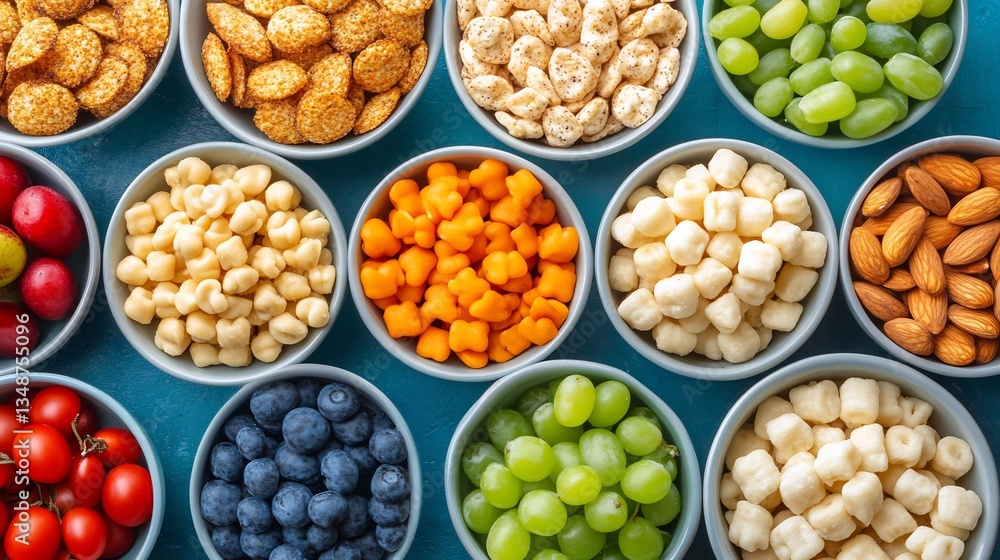 Colorful healthy snacks arranged neatly in bowls. AI Generated Colorful healthy snacks arranged neatly in bowls. AI Generated