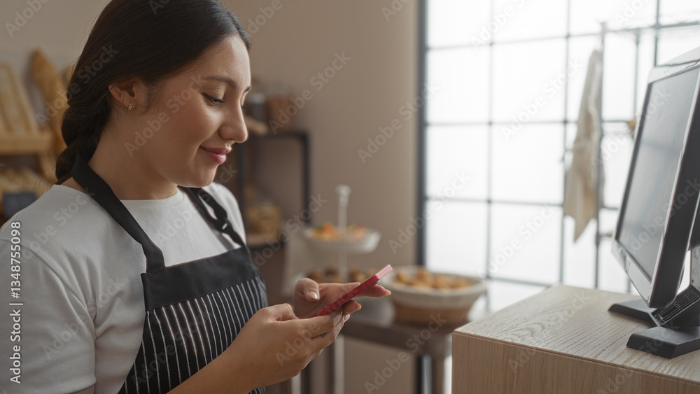 Young woman in a bakery texting on her smartphone wearing an apron in an indoor shop setting Young woman in a bakery texting on her smartphone wearing an apron in an indoor shop setting
