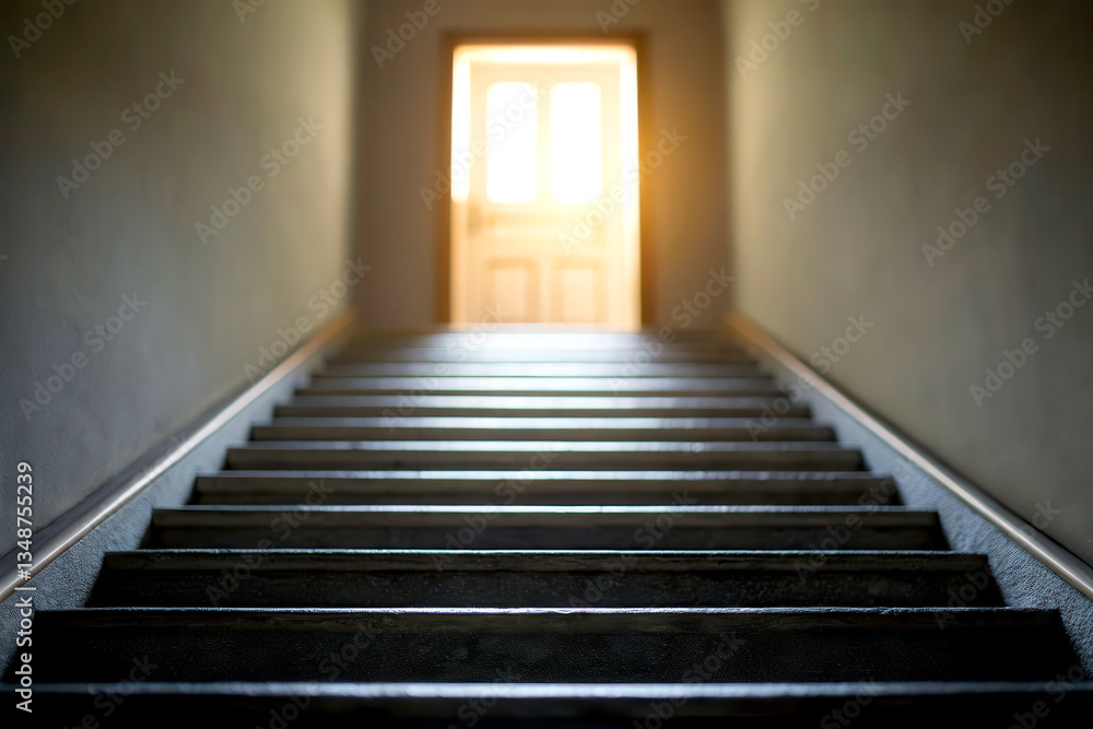 Mental health awareness concept. Stairway leading to a brightly lit door at the top. Mental health awareness concept. Stairway leading to a brightly lit door at the top.