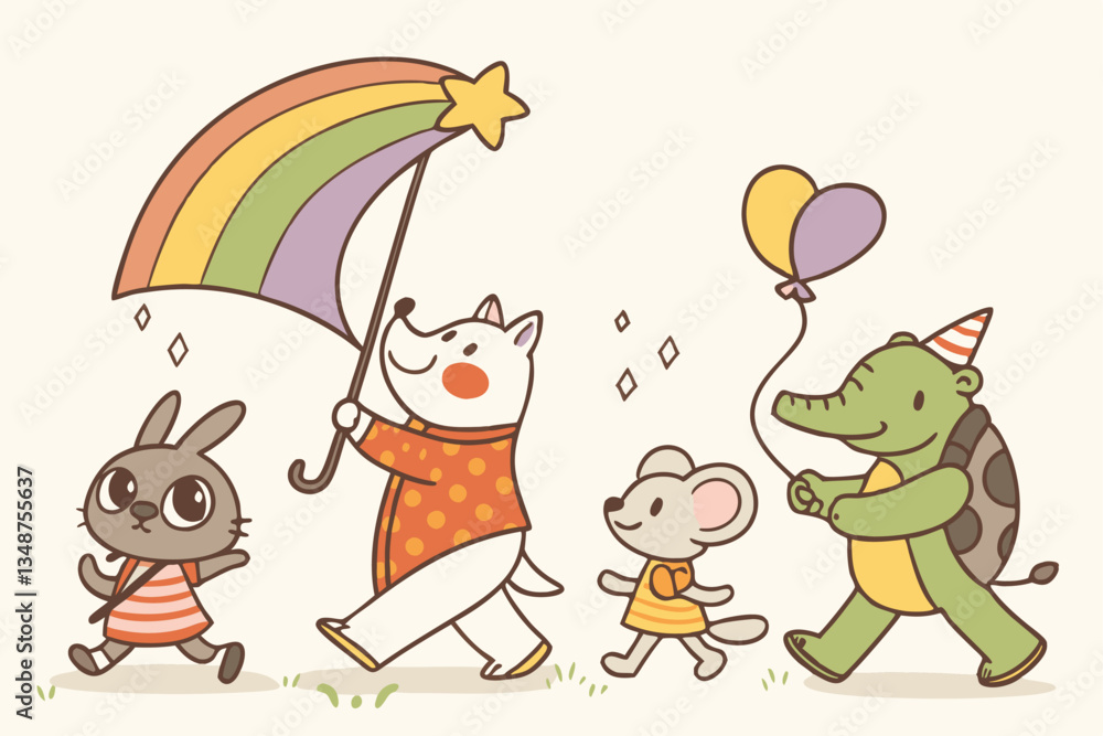 Obraz premium 29 Colorful cartoon animals, whimsical characters, playful illustrations, children's book style, simple shapes, vibrant colors, anthropomorphic animals, quirky designs, hand-drawn aesthetic, diverse c