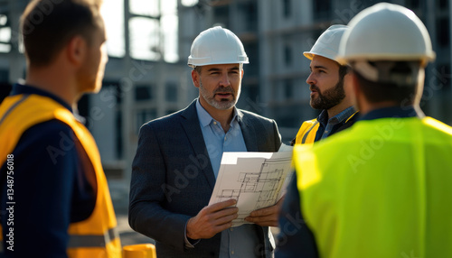 A businessman in a suit and white helmet reviews construction plans while conversing with workers in hard hats. They are on a construction site filled with scaffolding and materials
