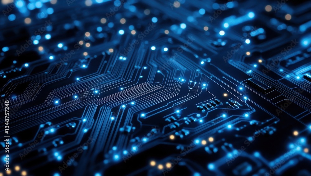 Obraz premium Blue circuit board background with glowing lights, representing digital technology and cybersecurity concepts
