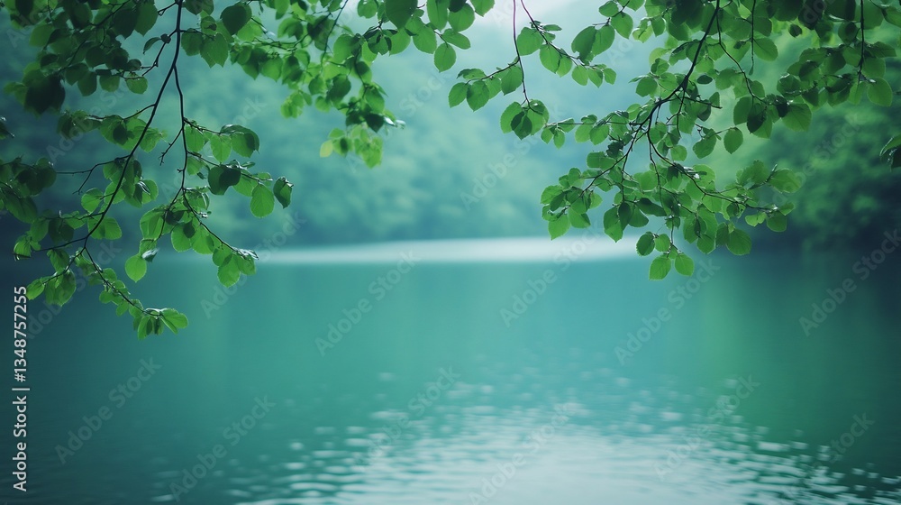 Fototapeta premium Serene teal lake softly veiled in mist gentle light filters through lush green leaves peaceful tranquil scene. AI Generated