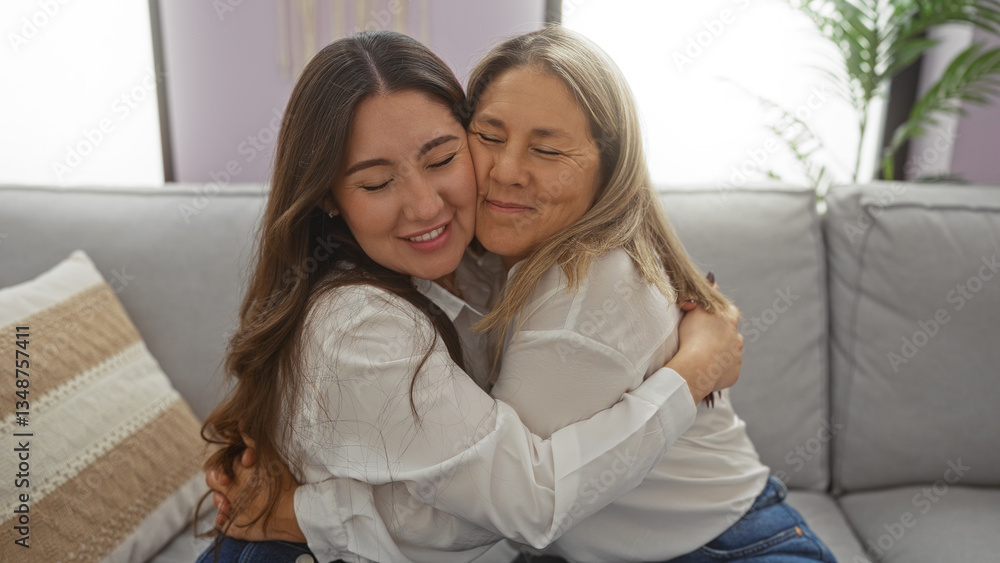 Mother and daughter embrace lovingly on a cozy couch indoors, expressing family love and warmth in a homely apartment interior setting with natural light. Mother and daughter embrace lovingly on a cozy couch indoors, expressing family love and warmth in a homely apartment interior setting with natural light.