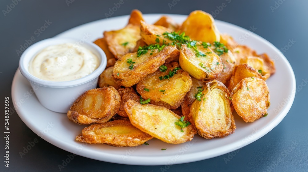 Crispy Golden Fried Potatoes with Dipping Sauce on a Plate Crispy Golden Fried Potatoes with Dipping Sauce on a Plate