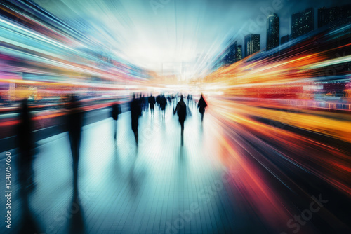 Urban professionals striding through glowing metropolis, surrounded by luminous light trails and dynamic motion, capturing technological progress and city momentum