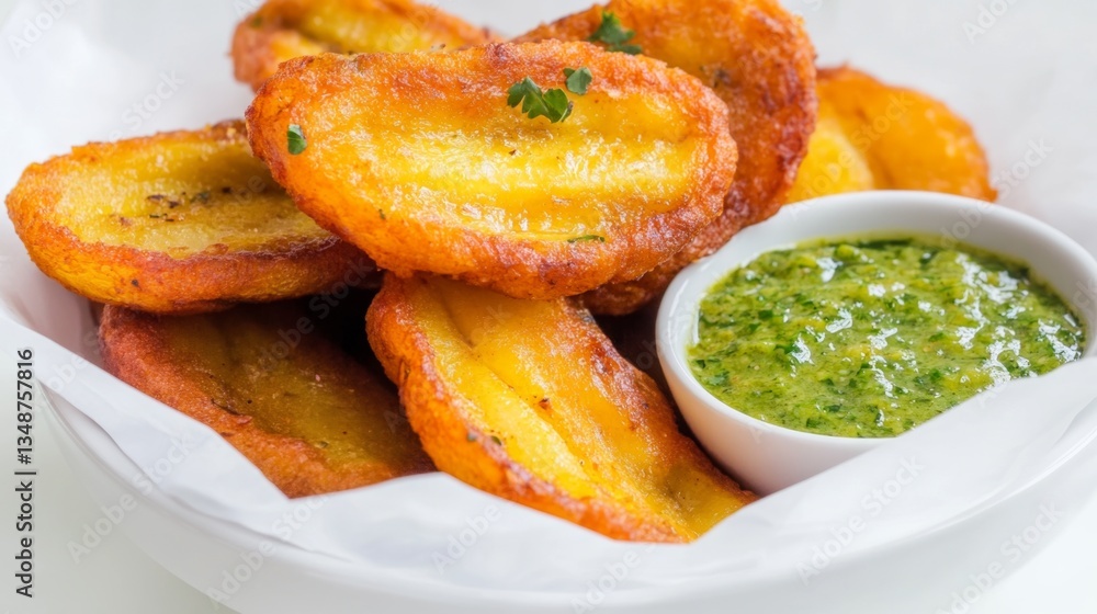 Golden Fried Plantain Slices with Fresh Green Sauce on Plate Golden Fried Plantain Slices with Fresh Green Sauce on Plate