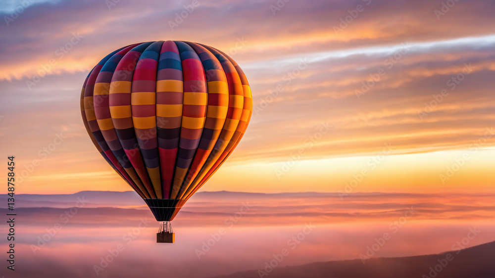 Fototapeta premium Travel experiences concept. Hot air balloon soaring above clouds during a vibrant sunset.