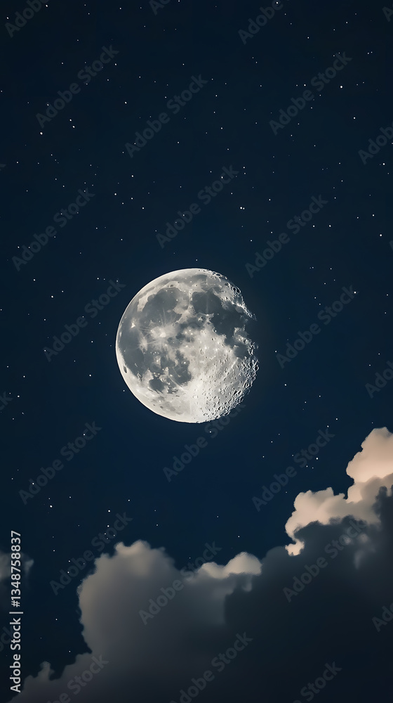 Naklejka premium A gibbous moon shines brightly in a night sky filled with stars and clouds.