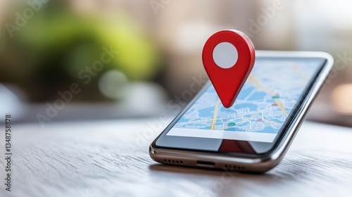 Smartphone with Map and Location Pin on Wooden Table Background