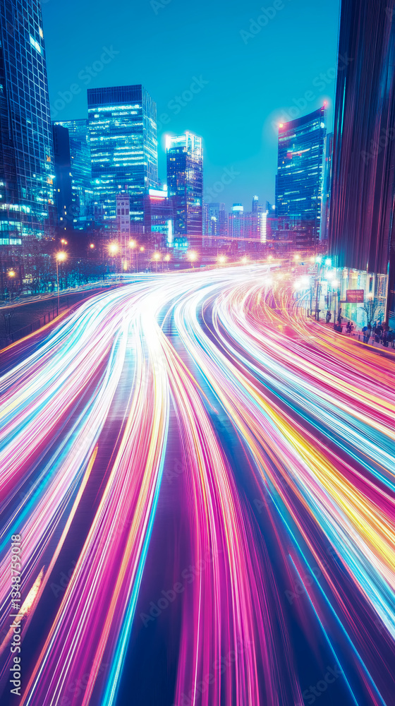 Fototapeta premium Energetic Urban Nightscape: Time Exposure of City Lights and Traffic Trails in Vivid Tones