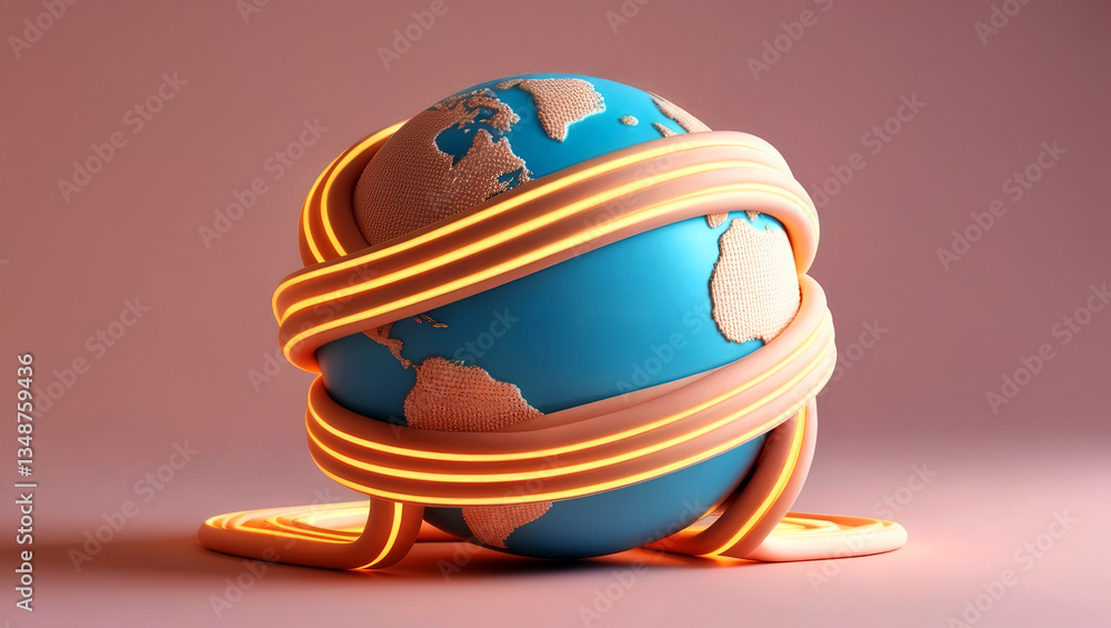Fototapeta premium AGI ethics 3D concept. A globe wrapped in colorful tape representing global connection.