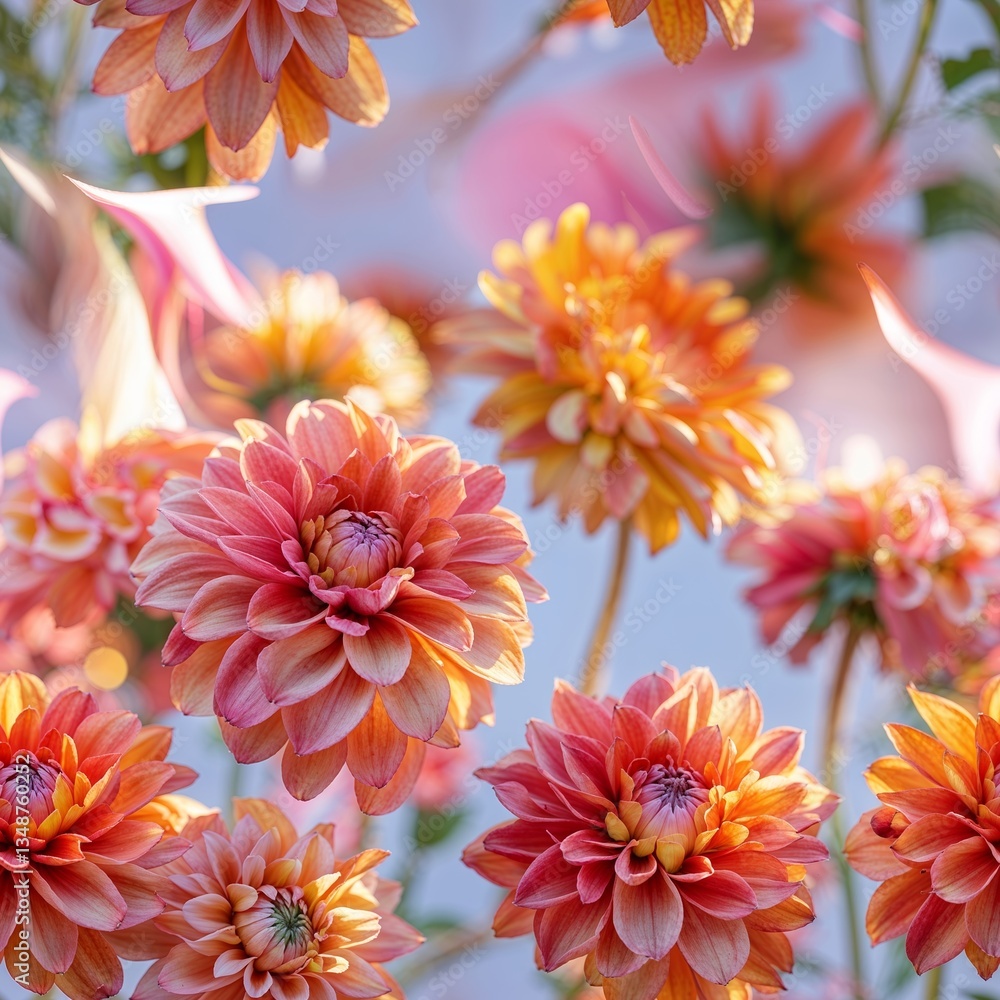 Obraz premium Vibrant blooming dahlias in a garden during late afternoon sunlight