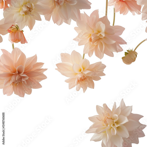 A bouquet of flowers with a white background. The flowers are arranged in a way that they are floating in the air