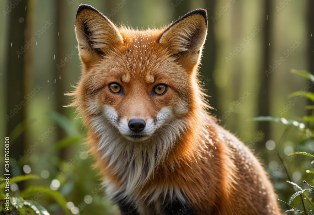 A fluffy red fox with white markings looks directly at the camera in a blurred green background A fluffy red fox with white markings looks directly at the camera in a blurred green background