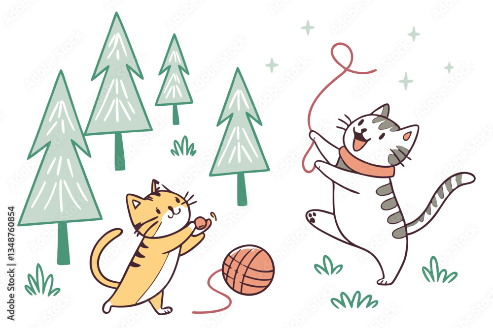 31 Cartoon cats playing in a forest, whimsical illustration, colorful animals, green pine trees, playful felines, childlike drawing style, simple shapes, joyful creatures, outdoor scene, fun and energ 31 Cartoon cats playing in a forest, whimsical illustration, colorful animals, green pine trees, playful felines, childlike drawing style, simple shapes, joyful creatures, outdoor scene, fun and energ