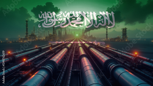 Oil pipelines leading to a refinery, overlaid with the Saudi Arabia flag. A concept of energy industry, fuel production, and economic power.