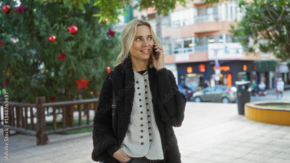 Fototapeta premium Woman talking on phone in city park with festive decorations behind her, exuding confidence and joy within an urban environment on a bright, sunny day.