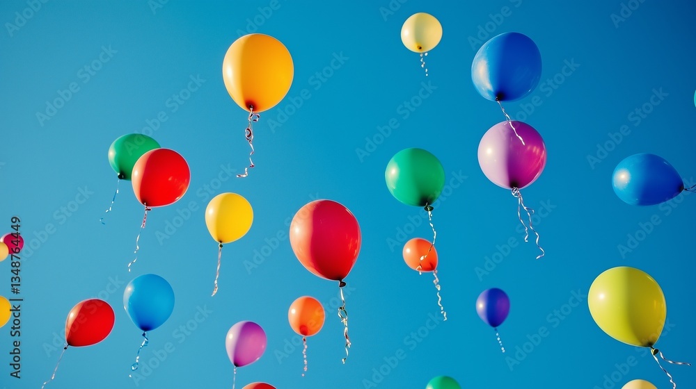 A vibrant collection of colorful balloons floating against a clear blue sky A vibrant collection of colorful balloons floating against a clear blue sky