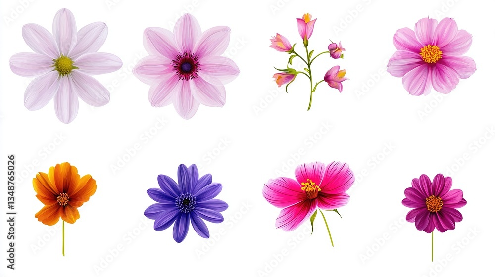 Collection of eight vibrant flowers, diverse colors and types Collection of eight vibrant flowers, diverse colors and types