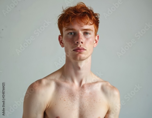 Portrait young red-haired man posing shirtless over grey studio background. Freckled face, clean skin, blue eye. Caucasian guy with stylish hairstyle. Male beauty, fashion, health, hygiene theme.
