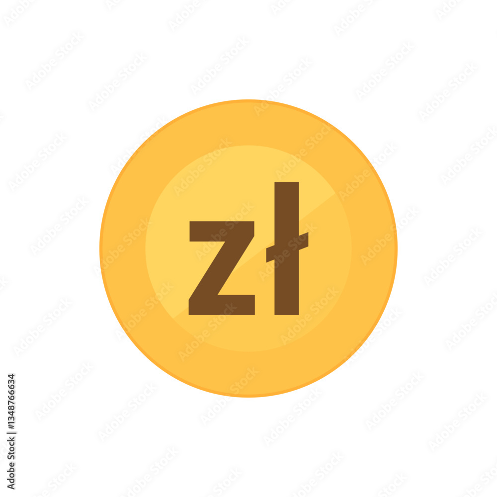 Gold coin with Zloty symbol. Polish national currency coin. Flat vector icon isolated on a white background