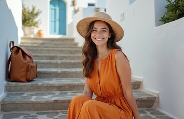Smiling young woman in orange dress hat sits on steps of white town. Female travel, vacations in mediterranean with stylish urban architecture. Happiness, joy, warm summer day.