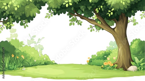 Fototapeta Naklejka Na Ścianę i Meble -  A beautiful green scene with a large tree and bushes