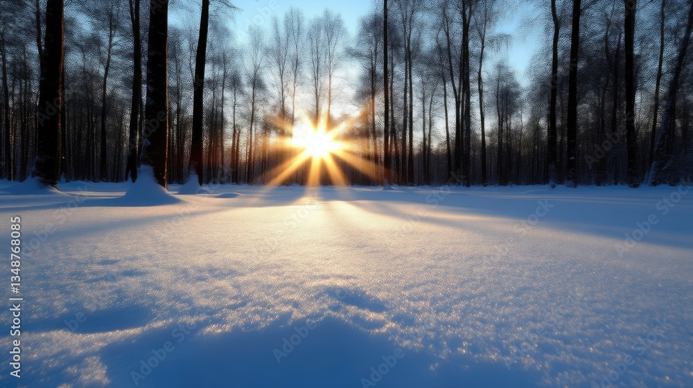 Naklejka premium Winter sunset in a snowy forest. Sunlight beams through the trees on a pristine snow-covered landscape