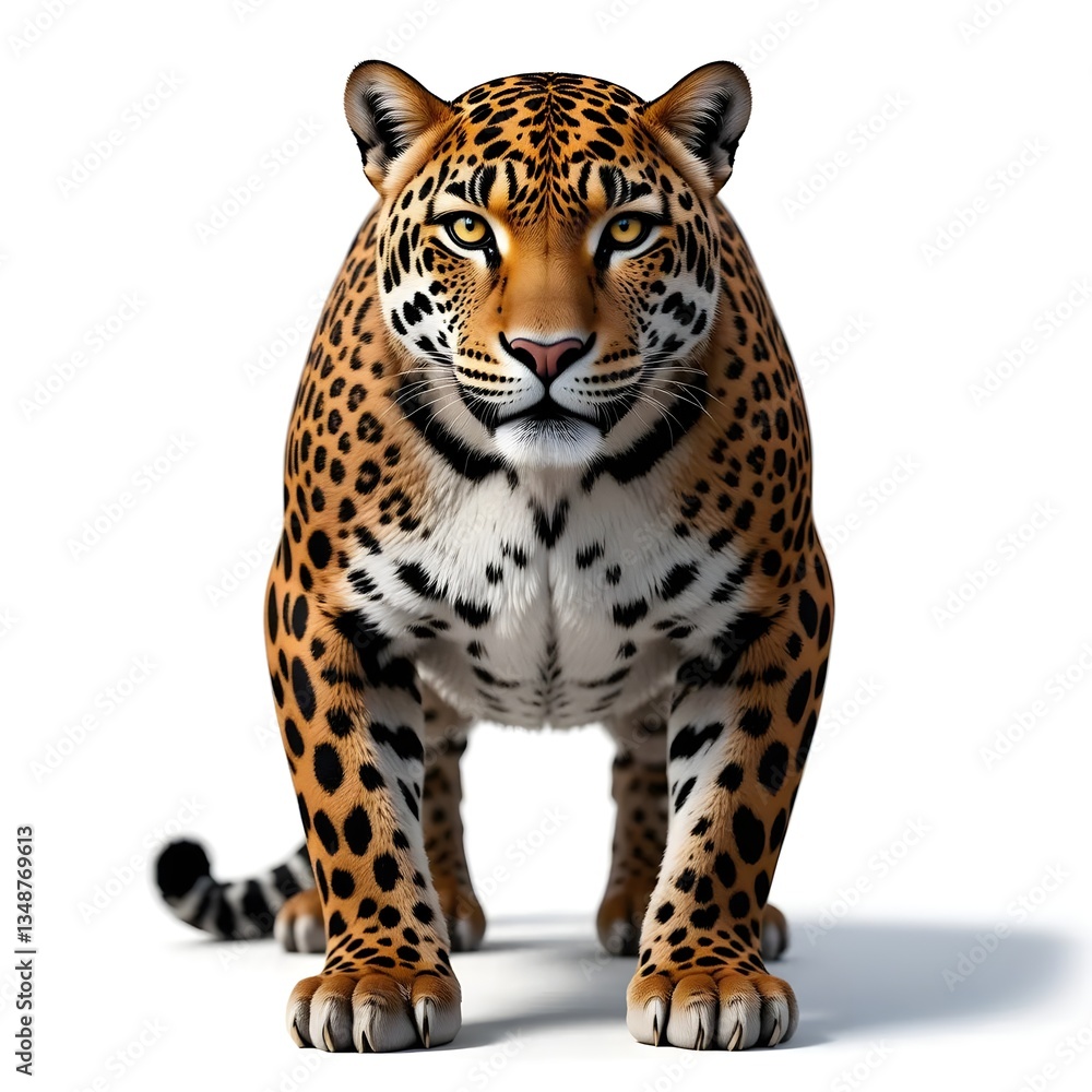 Majestic jaguar standing strong with intense gaze on white Majestic jaguar standing strong with intense gaze on white