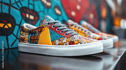 Colorful patterned sneakers on display.