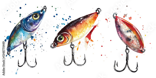 Watercolor fishing hook and lure clip art set on a white background
