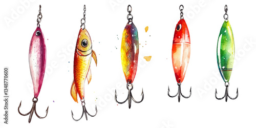 Watercolor fishing hook and lure clip art set on a white background