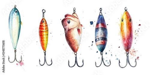 Watercolor fishing hook and lure clip art set on a white background