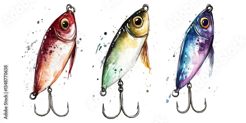 Watercolor fishing hook and lure clip art set on a white background
