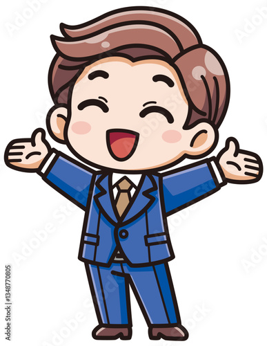 スーツを着た元気な男性がにっこり笑って両手を大きく広げているベクターイラスト／影ハイライト付き（A vector illustration of an energetic man in a suit, smiling brightly and spreading both arms wide, with shadow and highlights）
