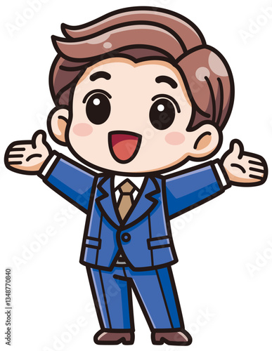 スーツを着た元気な男性が目を開けて両手を大きく広げているベクターイラスト／影ハイライト付き（A vector illustration of an energetic man in a suit, with open eyes, spreading both arms wide, with shadow and highlights）