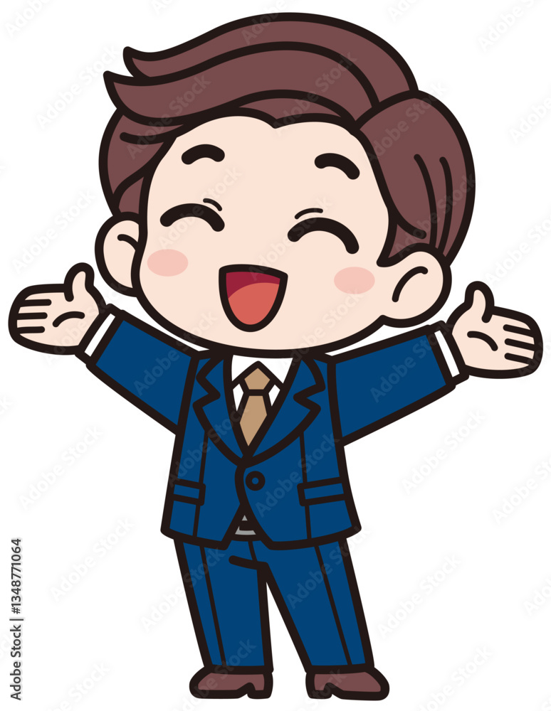 スーツを着た元気な男性がにっこり笑って両手を大きく広げているベクターイラスト/影なしシンプル(A simple vector illustration of an energetic man in a suit, smiling brightly and spreading both arms wide, without shadows) スーツを着た元気な男性がにっこり笑って両手を大きく広げているベクターイラスト/影なしシンプル(A simple vector illustration of an energetic man in a suit, smiling brightly and spreading both arms wide, without shadows)
