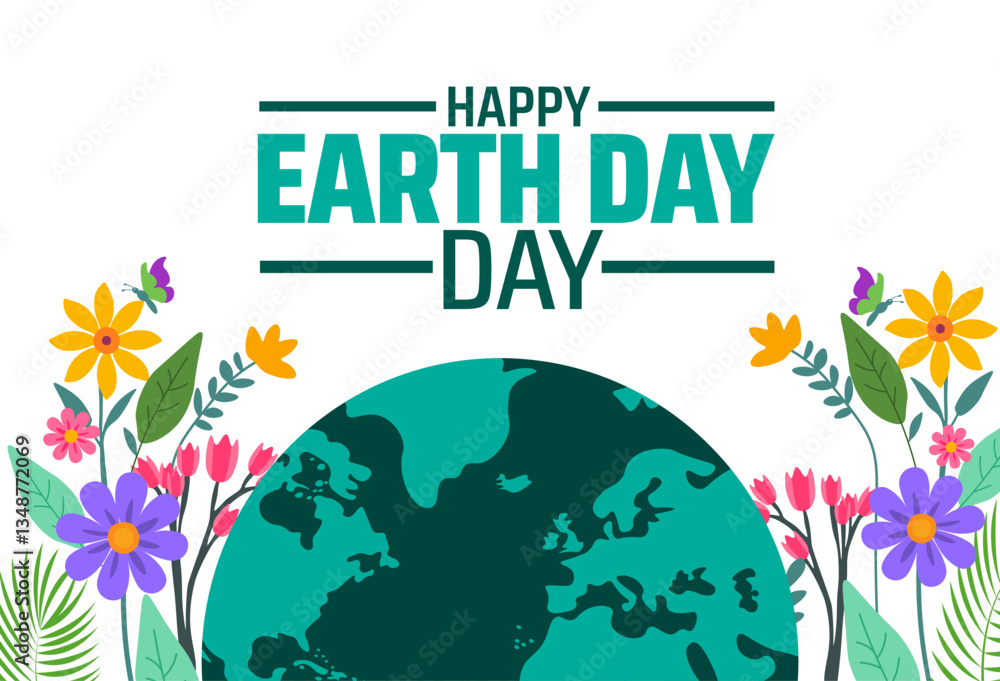 Fototapeta premium happy world earth day world map and flower design background banner or poster design template. observed every year in April. Holiday concept. Use to any Template, card, poster, placard, template.