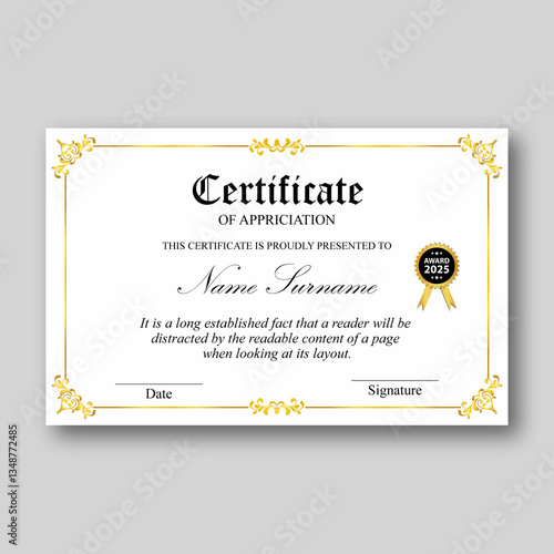 Certificate design template, white background with frame, border, light guilloche pattern watermark