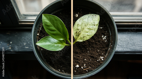 Split View of Potted Plant with Healthy and Wilted Leaves