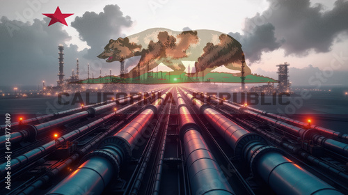 Oil pipelines leading to a refinery, overlaid with the California flag. A concept of energy industry, fuel production, and economic power.