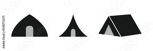 Tent icon. Vector illustration of three tent icons in different styles. Perfect for outdoor events, camping, and festival themes.